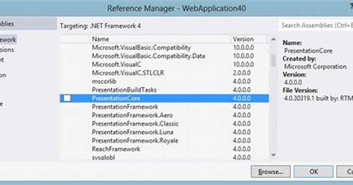 Add Presentationcore Assembly Reference in Web Project