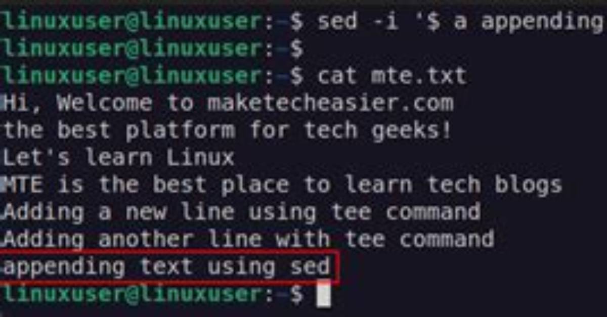Append Text to File Using Sed