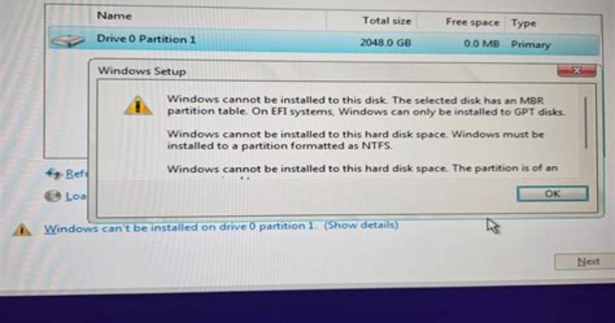 Can Not Install Windows 10 Gpt?