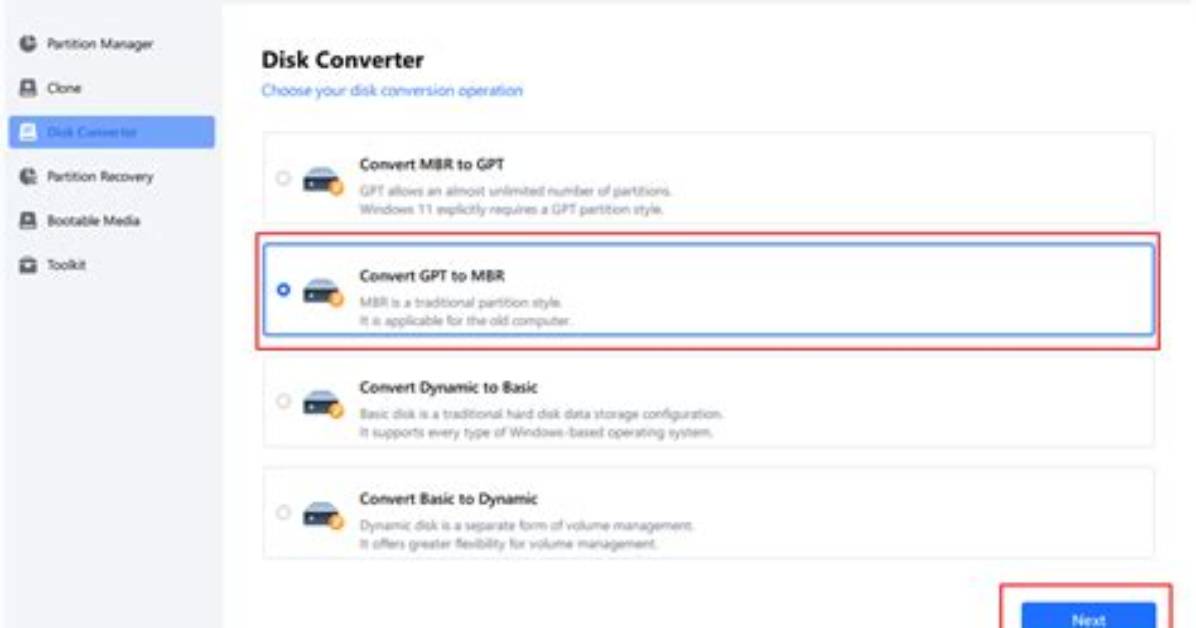 Cannot Convert from Mbr to Gpt