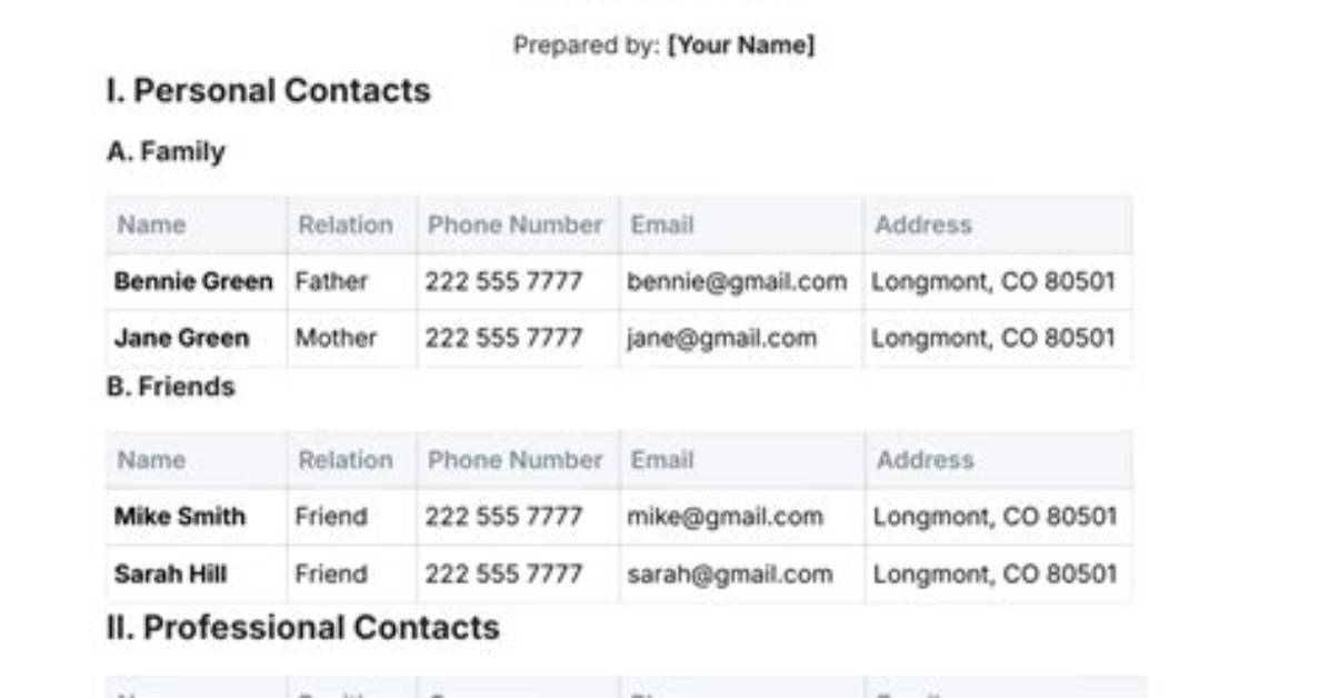 Contact List Template