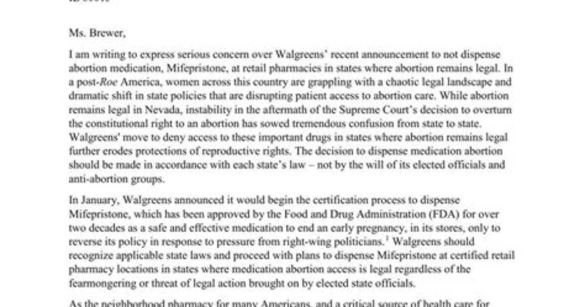 Cortez Masto Calls on Walgreens to Proceed with Plans to Dispense Abortion Pill | News