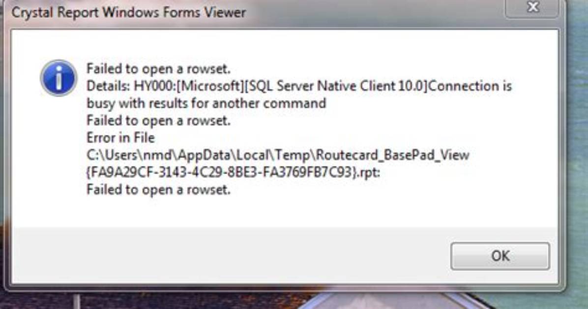 Crystal Reports - Failed to Open a Rowset