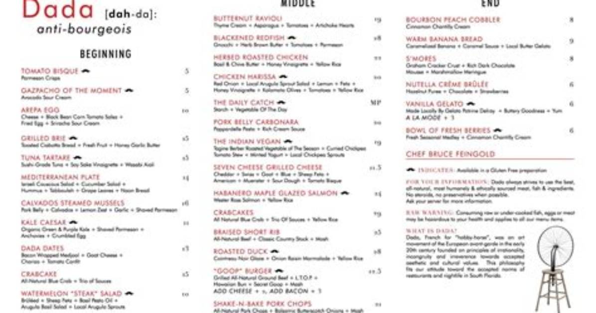 Dada in Delray Beach Updates Menu