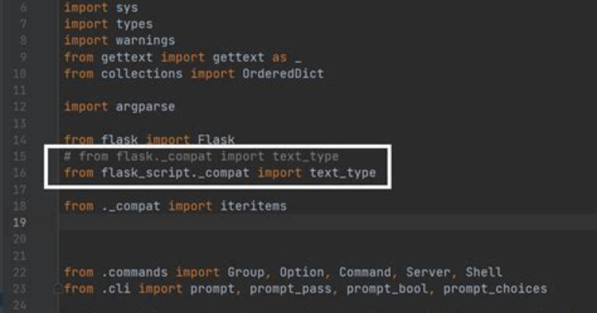 Flask-Script: from Flask. _Compat Import Text_Type Modulenotfounderror: No Module Named 'Flask. _Compat'