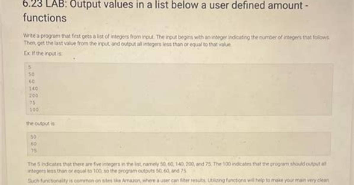 Lab: Output Values in a List Below a User Defined Amount