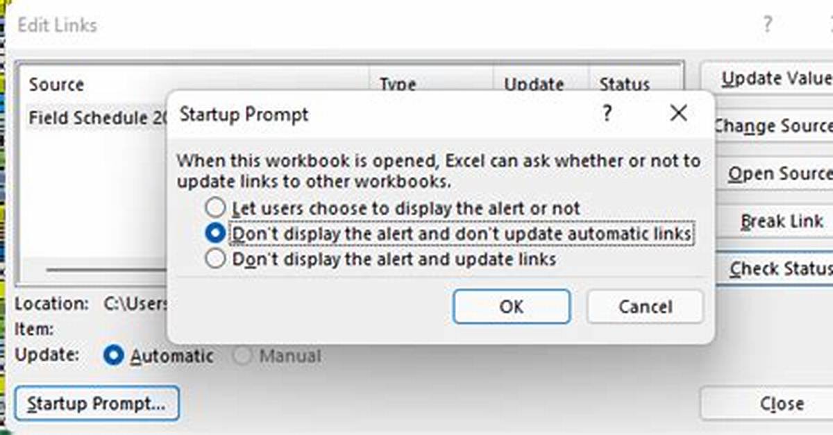 Prevent the "Update Values:" Dialog Box from Opening Every Time a Cell with a Link Is Modified