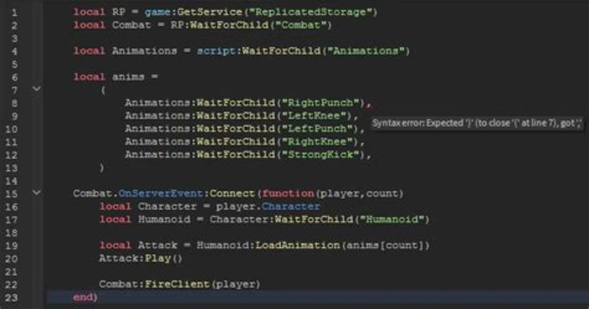 Roblox Combat System Script - Syntax Error: Expected ')' to Close '(' at Line 7), Got ','