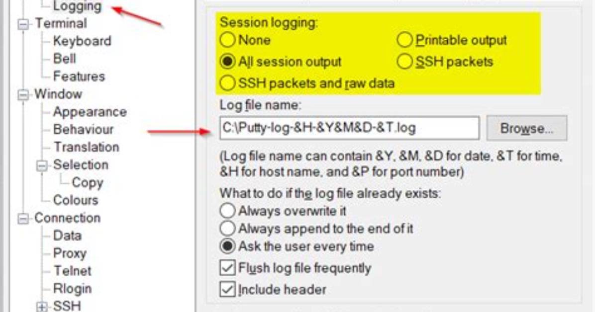Saving the Putty Session Logging