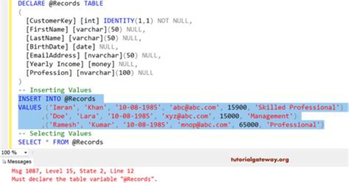 Sql Server: Table Variable Used in a Inner Join