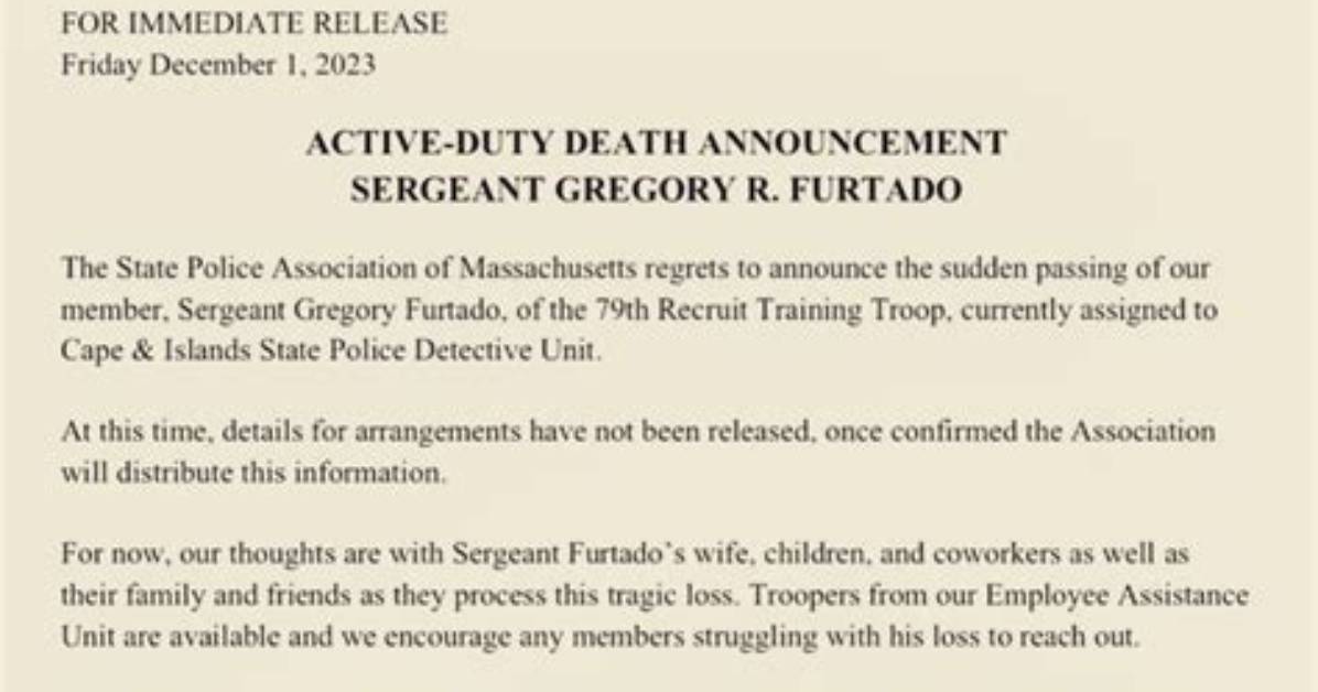 State Police Announce the Sudden Death of 41-Year-Old Sgt. Gregory Furtado