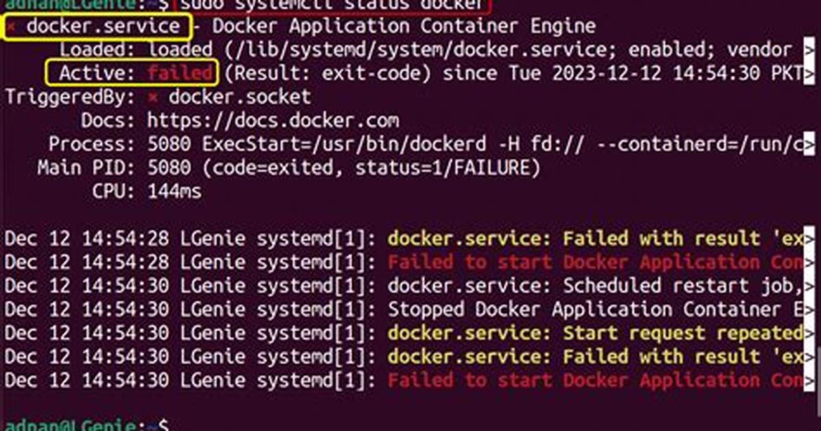 Sudo Systemctl Start Docker Job for Docker. Service Failed Because the Control Process Exited with Error Code