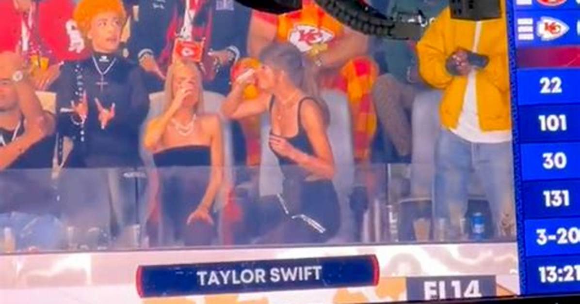 Taylor Swift Chugs Beer on Jumbotron at Super Bowl Lviii