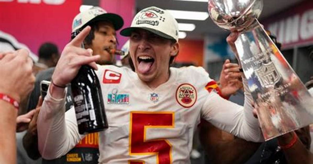 The Chiefs' Punter Used the Lombardi Trophy as a Champagne Luge While Celebrating Kansas City's Super Bowl Win