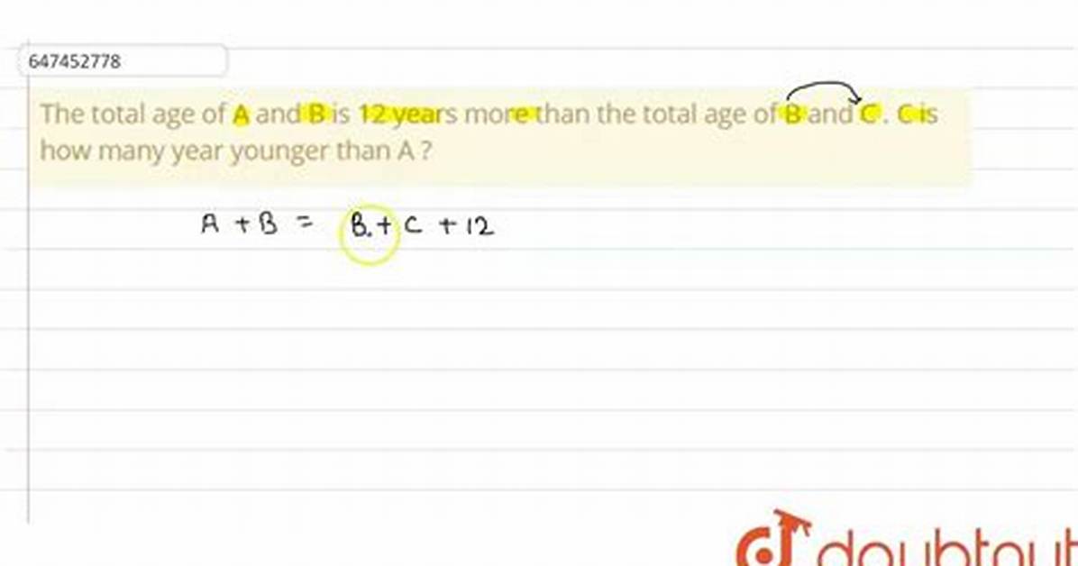 The Total Age of a and B Is 12 Year's More Than the Total Age of B and C. C Is How Many Year's Younger Than a?
