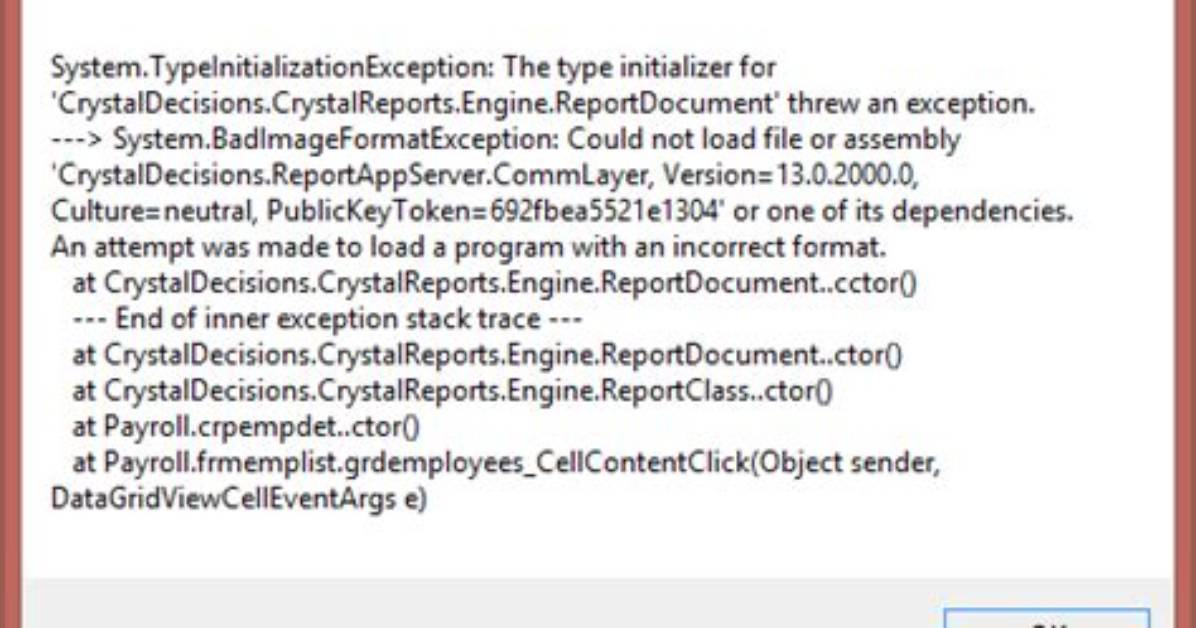 The Type Initializer for 'Crystaldecisions. Crystalreports. Engine. Reportdocument' Threw an Exception