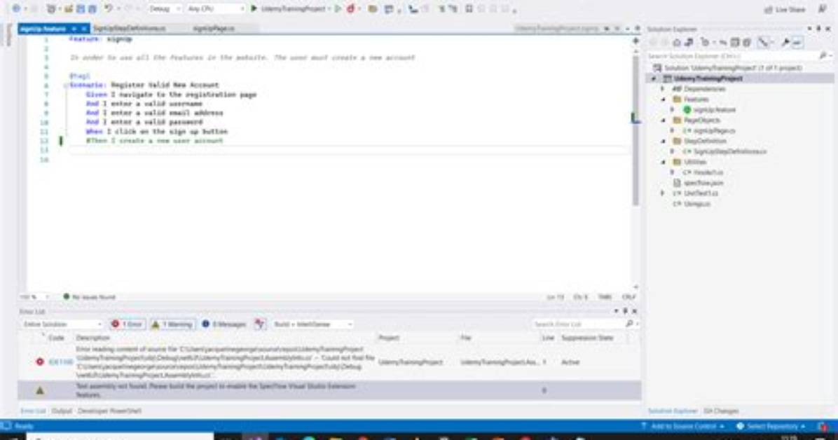 Trying to Clean Specflow Bdd Test Error: Test Assembly Not Found. Please Build the Project to Enable the Specflow Visual Studio Extension Features