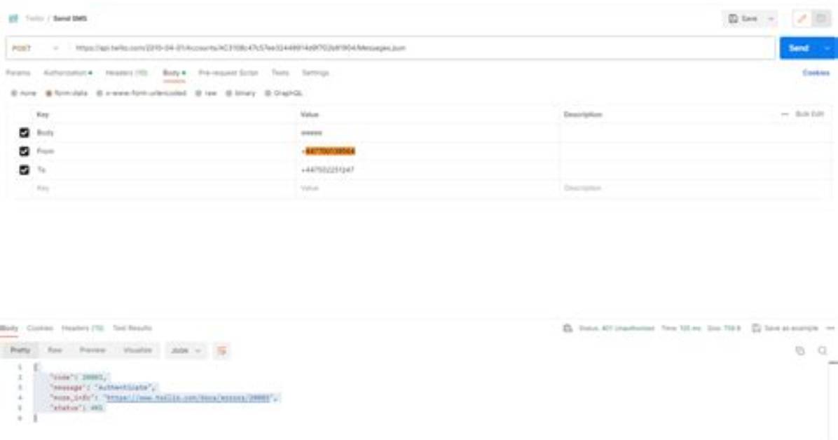 Twilio Sms Error - Status 401, Code 20003 - Postman