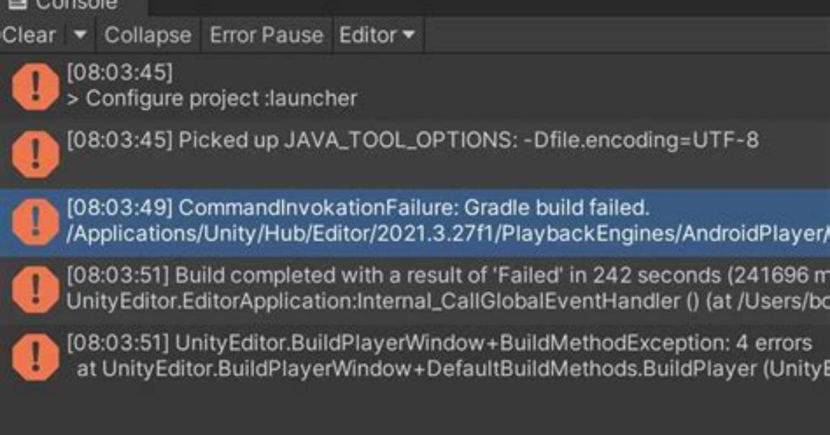 Unity - Commandinvokationfailure: Gradle Build Failed
