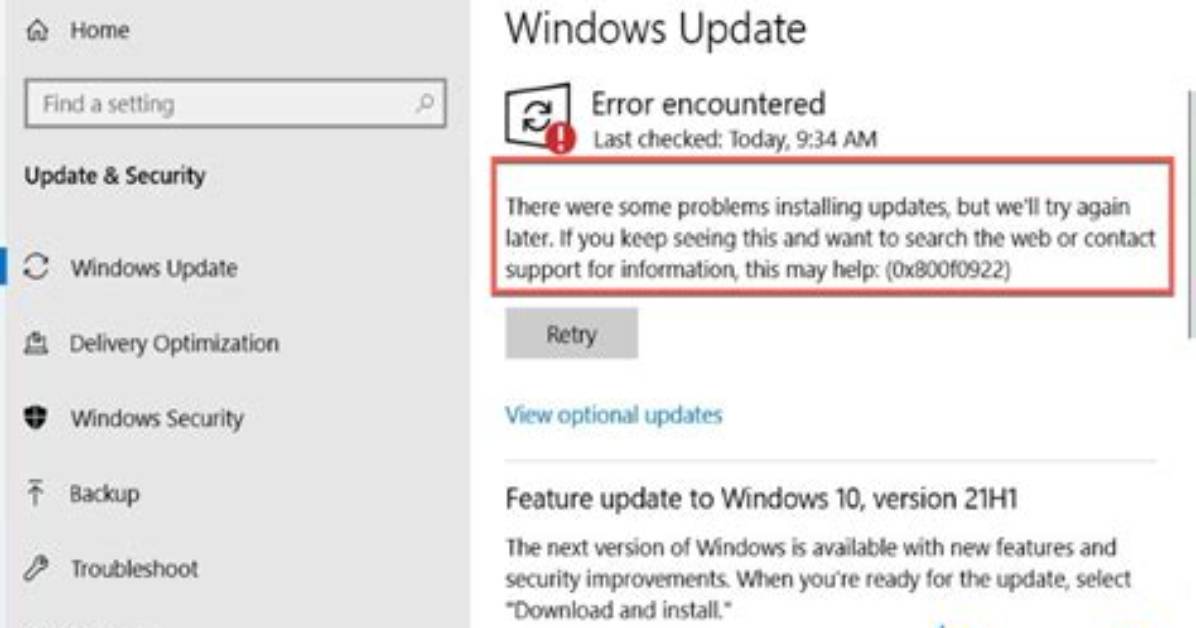Update Error 0X800F0922 on Windows 10/11 [Install Failed]